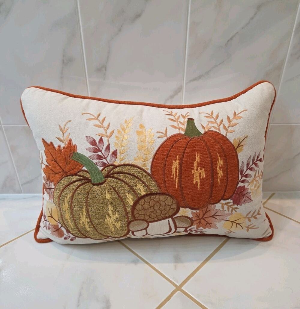 Harvest Pumpkin & Mushroom Embroidered Accent Pillow Autumn Fall Decoratived